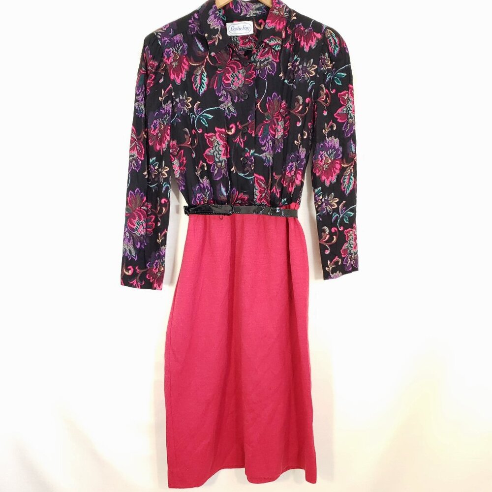 Leslie Fay Vtg Collar Long Sleeve XS / s Floral Black and Raspberry midi dress